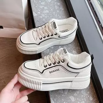 Белые туфли женские туфли кожаная поверхность дышащая толстая подошва высокие белые женские повседневные универсальные толстые подошвы маффин модные женские 35