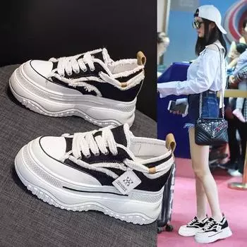 Белые туфли, женские весенние новые парусиновые повседневные универсальные туфли, обувь, увеличивающая рост на толстой подошве, кроссовки 34 чёрный