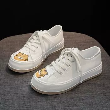 Белые туфли женские весенние туфли из вулканизированной парусины для женщин 2022 года туфли на плоской подошве со шнуровкой Tiger Head Doodle повседневные дизайнерские туфли 35 белый