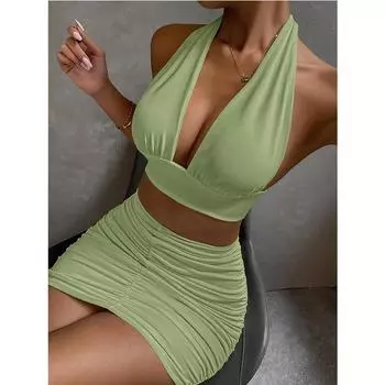 Белые юбки с открытой спиной и рюшами, состоящие из двух предметов, с бретелькой на шее, глубоким V-образным вырезом и открытой спиной, платье без рукавов, облегающая женская праздничная юбка L белый