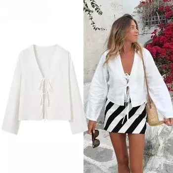 Белые укороченные блузки для женщин, повседневные рубашки и блузки с завязками, укороченный топ с длинным рукавом для женщин, летние пляжные блузки S розовый