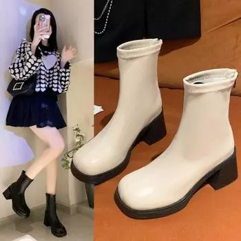 Белые утягивающие эластичные сапоги на высоком каблуке с толстой подошвой, женские ботинки Martin на толстом каблуке, короткие ботинки Chelsea, узкие сапоги 35