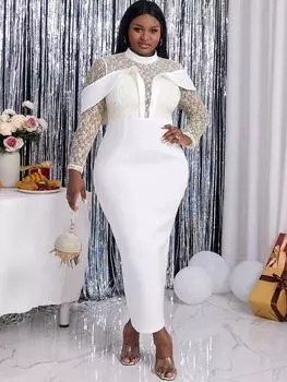 Белые вечерние платья с длинными рукавами, роскошные кружевные макси с высоким воротом, элегантный стильный танцевальный вечер, свадебное мероприятие, Рождество, большой размер S чёрный