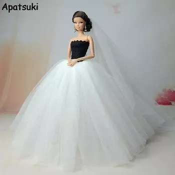 Белые вечерние платья высокого качества для куклы Барби, длинное вечернее платье с хвостом, одежда, свадебное платье + вуаль, аксессуары для кукол 1:6 белый