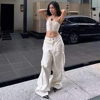 Белые женские джинсы с высокой талией, винтажные прямые мешковатые брюки Y2K, модные уличные брюки в стиле хип-хоп в стиле гранж 2024, широкие джинсовые брюки, однотонные S бежевый