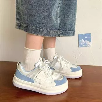 Белые женские спортивные туфли на платформе, винтажные вулканизированные повседневные корейские модные теннисные женские туфли на плоской подошве в студенческом стиле 35 синий