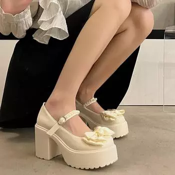 Белые женские туфли Мэри Джейн на высоком каблуке на платформе, туфли на массивном каблуке с бантами, элегантные женские туфли-лодочки на каблуке, туфли с круглым носком, женская свадебная обувь 35 чёрный