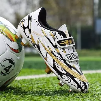 Белые золотые детские кроссовки с липучками для футбола, легкие детские футбольные бутсы для игры на открытом воздухе, футбольные бутсы для мальчиков, футбольные бутсы 28