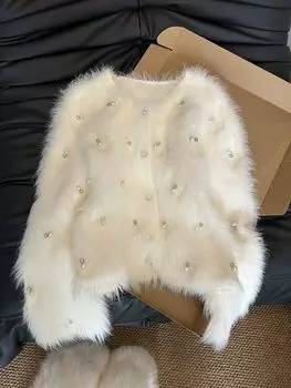 Белый элегантный кардиган с бисером в тяжелом промышленном стиле для женщин, мягкий вязаный свитер в стиле ретро, куртка из клеевого трикотажа на осень-зиму, новое повседневное пальто из норки S белый