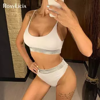 Белый блестящий женский купальник с высокой талией, бикини 2021, женский купальник из двух частей, комплект бикини, купальный костюм S чёрный