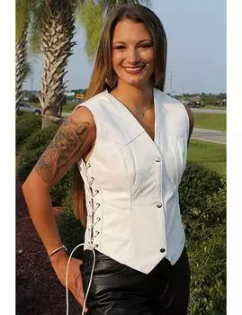 Белый боковой кружевной жилет женский кожаный жилет стильные кнопки вестерн овчина S белый