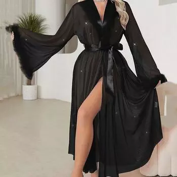 Белый будуарный свадебный халат длиной до пола, халаты, длинный халат с перьями, шелковое белье, платье для невесты на девичник One size красный