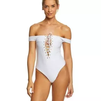 Белый цельный купальник в рубчик с открытыми плечами, женский купальник на шнуровке, женский купальный костюм с вырезом сзади, монокини для плавания S белый