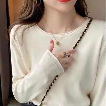 Белый черный O-образный вырез вязаный свитер женский весенний длинный рукав базовая рубашка однотонный тонкий пуловер топ осень зима свитера One Size