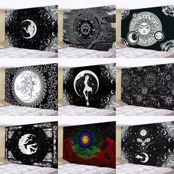 Белый, черный, Солнце, Луна, психоделический гобелен с мандалой и колдовским принтом, украшение для дома, гостиной, общежития, гобелен 100x75cm