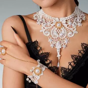 Белый цвет готический чокер ожерелье кружевной браслет комплекты ажурные украшения для вечеринки в честь Хэллоуина геометрический жемчуг комплект ручной работы женские аксессуары для вечеринки белый