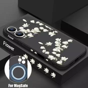 Белый цветочный принт матовый магнитный чехол для iPhone 16 Plus 15 Pro Max 14 13 12 11 для беспроводной зарядки Magsafe ударопрочный тонкий мягкий ремешок чехол для телефона iPhone 16 чёрный