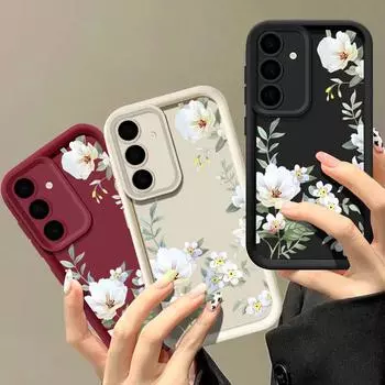 Белый цветочный узор чехол для Samsung S25 S24 S22 Ultra S23 S21 S20 Fe A55 A54 A53 A52 A35 A15 A16 A06 конфетный цвет мягкий силиконовый защитный чехол для объектива Samsung S24 FE чёрный