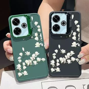Белый цветочный узор чехол для телефона с камерой и подставкой для Xiaomi Poco X6 X5 Pro Redmi Note 13 11 10 Pro 12 ударопрочный мягкий тонкий чехол-накладка из ТПУ карамельного цвета Redmi Note 13 4G чёрный