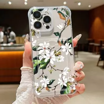 Белый цветочный узор прозрачный слот для карт тонкий силиконовый чехол для iPhone 16 Pro Max 15 14 Pro 13 12 11 прозрачный противоударный мягкий чехол для телефона iPhone 16 серый