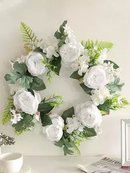 Белый цветочный венок Венок для входной двери 40 см Цветочный искусственный венок из пионов ручной работы для входной двери Сельский дом Добро пожаловать Дверь Стена Декор для домашнего офиса белый