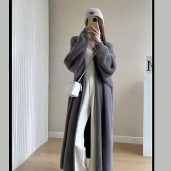 Белый длинный кардиган для женщин 2024 зимняя одежда вязаный пушистый длинный рукав кашемировый свитер пальто в корейском стиле теплый винтажный One size серый