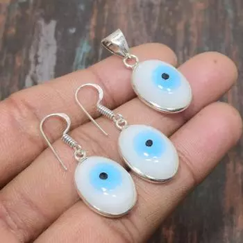 Белый драгоценный камень сглаза ручной работы, твердый кулон из стерлингового серебра 925 пробы + комплект ювелирных изделий из сережек белый