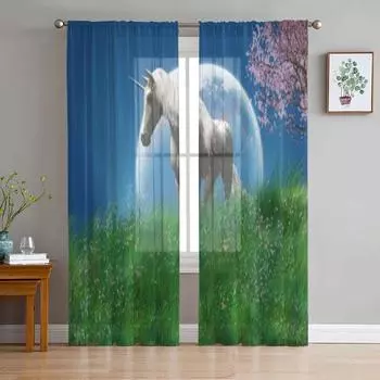 Белый единорог в поле, прозрачные оконные шторы для гостиной, спальни, современная вуаль, тюлевые шторы, тканевые шторы для кухни 135W x 114H(cm)