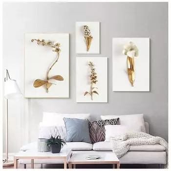 Белый фон, искусство, простые золотые цветы, плакат в скандинавском стиле, украшение для гостиной, живопись на холсте 21cm30cm NoFrame