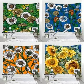 Белый гобелен с хризантемами и подсолнухами, украшение для офиса, гостиной, настенный гобелен для дома 100x75cm