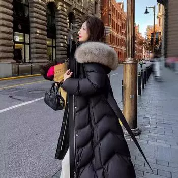 Белый гусиный пух, высококачественный лисий большой меховой воротник, женский длинный пуховик 2024 года, зимнее тонкое модное пальто до колена M (below 115)