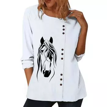 Белый хлопковый топ для женщин с разнообразными принтами, круглым вырезом и длинными рукавами S