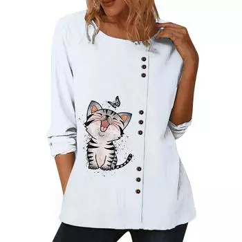 Белый хлопковый топ для женщин с разнообразными принтами, круглым вырезом и длинными рукавами S