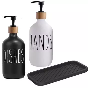 Белый и черный диспенсер для рук и посуды с силиконовым подносом и насосом, бутылки для мыла, многоразовые бутылки для ванны и кухни set 1