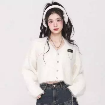 Белый кардиган Y2K, женский сладкий пушистый вязаный свитер, женский осенний плюшевый укороченный кардиган, женский трикотаж на пуговицах в стиле Харадзюку S белый