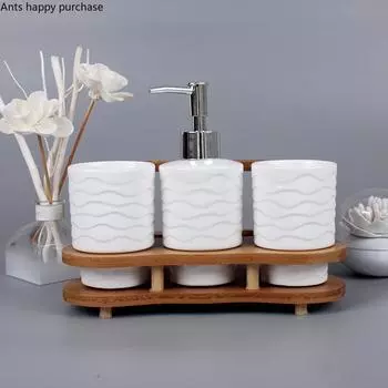 Белый керамический набор для ванной комнаты из 3 предметов, деревянная рамка, бутылочка для лосьона, стаканчик для рта, деревянный держатель для зубных щеток, принадлежности для ванной комнаты, набор для мытья