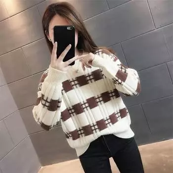 Белый клетчатый свитер женский осенне-зимний модный утолщенный круглый вырез свитер XXL абрикосовый