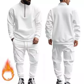 Белый комплект из больших размеров, осень-зима, мужские спортивные штаны, новый стиль, американский, повседневный, плюшевый, теплый, на молнии S белый
