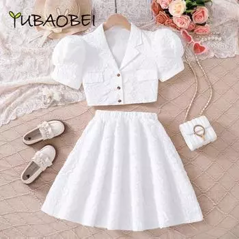 Белый костюм для девочек-подростков, лето 2024, короткая куртка с пышными рукавами, топ и юбка, детская одежда, модные комплекты для детей 9Y белый