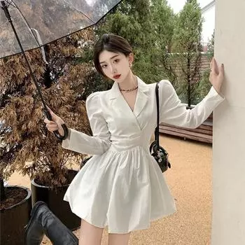 Белый костюм с длинными рукавами, мини-платье, женское элегантное офисное женское платье с высокой талией, тонкое платье трапециевидной формы с складками, модное простое новое S чёрный