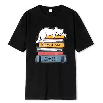 Белый кот спит на куче книг. Принтованная одежда для мужчин. Высококачественная футболка. Летние хлопковые футболки. Свободные топы. S