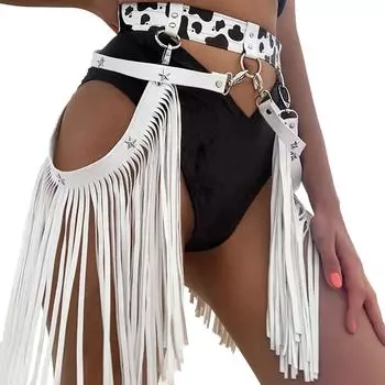 Белый кожаный женский модный ремень в стиле панк, женский пояс для чулок с кисточками и пятиконечной звездой, регулируемый ремень, наряд для фестиваля и рейва One size белый