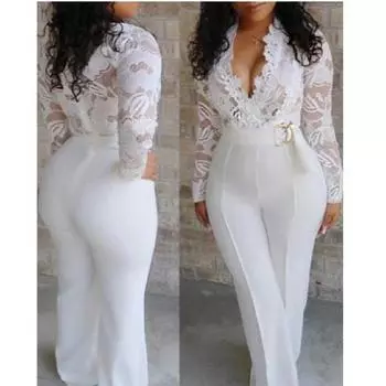 Белый кружевной комбинезон, женский сексуальный комбинезон с v-образным вырезом и шнуровкой, с длинными рукавами и широкими штанинами, офисные женские комбинезоны, комбинезоны XXXL белый