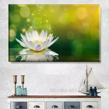 Белый лотос с листьями, холст, картина, настенное искусство, розовые, синие цветы, постеры и принты, настенные панно для гостиной, домашний декор 21cm30cm NoFrame
