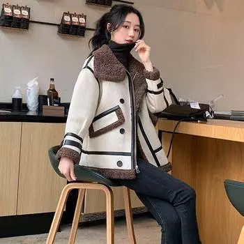 Белый мех ягненка в стиле пэчворк, мотоциклетный костюм для женщин, новое зимнее меховое цельное пальто, маленькое короткое пальто S