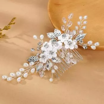 Белый мягкий керамический цветок с бриллиантами и жемчугом ручной работы гребень для волос боковой гребень свадебный головной убор серебряный