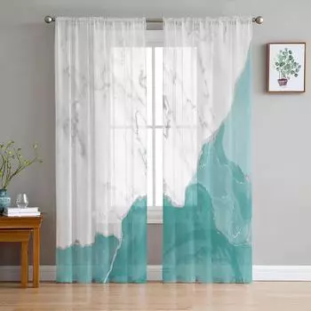 Белый мрамор, аква-зеленые оконные тюлевые шторы для гостиной, кухни, современные оконные занавески из вуали 135W x 114H(cm)