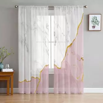 Белый мрамор, розовая прозрачная вуаль, оконные шторы, тюлевые шторы, украшения для гостиной, балкона, шторы 135W x 114H(cm)