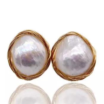 Белый натуральный пресноводный жемчуг, настоящее барокко, 9-каратное золото, женские серьги-гвоздики ручной работы, модные украшения для девочек белый