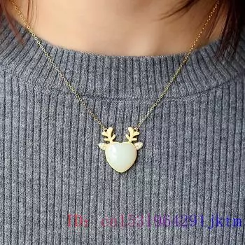 Белый нефритовый олень кулон камень подарок халцедон 925 серебро ожерелья талисманы натуральные подвески ожерелье ювелирные изделия винтажный драгоценный камень 45cm